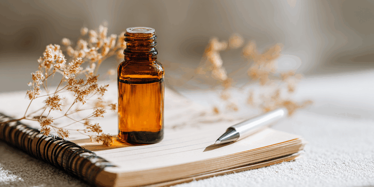 Flesje met homeopathische geneesmiddelen dat op een schrift staat.