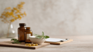 Verschillende homeopathische geneesmiddelen die bij elkaar op een plankje liggen.