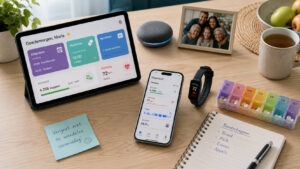 Digitale hulpmiddelen voor planning en gezondheid met tablet, smartphone en medicatieoverzicht op tafel