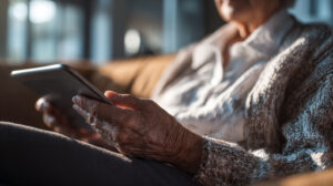 Oudere gebruikt smartphone als voorbeeld van digitale hulpmiddelen voor dagelijks gebruik en overzicht