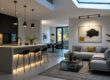Open keuken en woonkamer met moderne basisverlichting ruimte en functionele verlichting boven het kookeiland