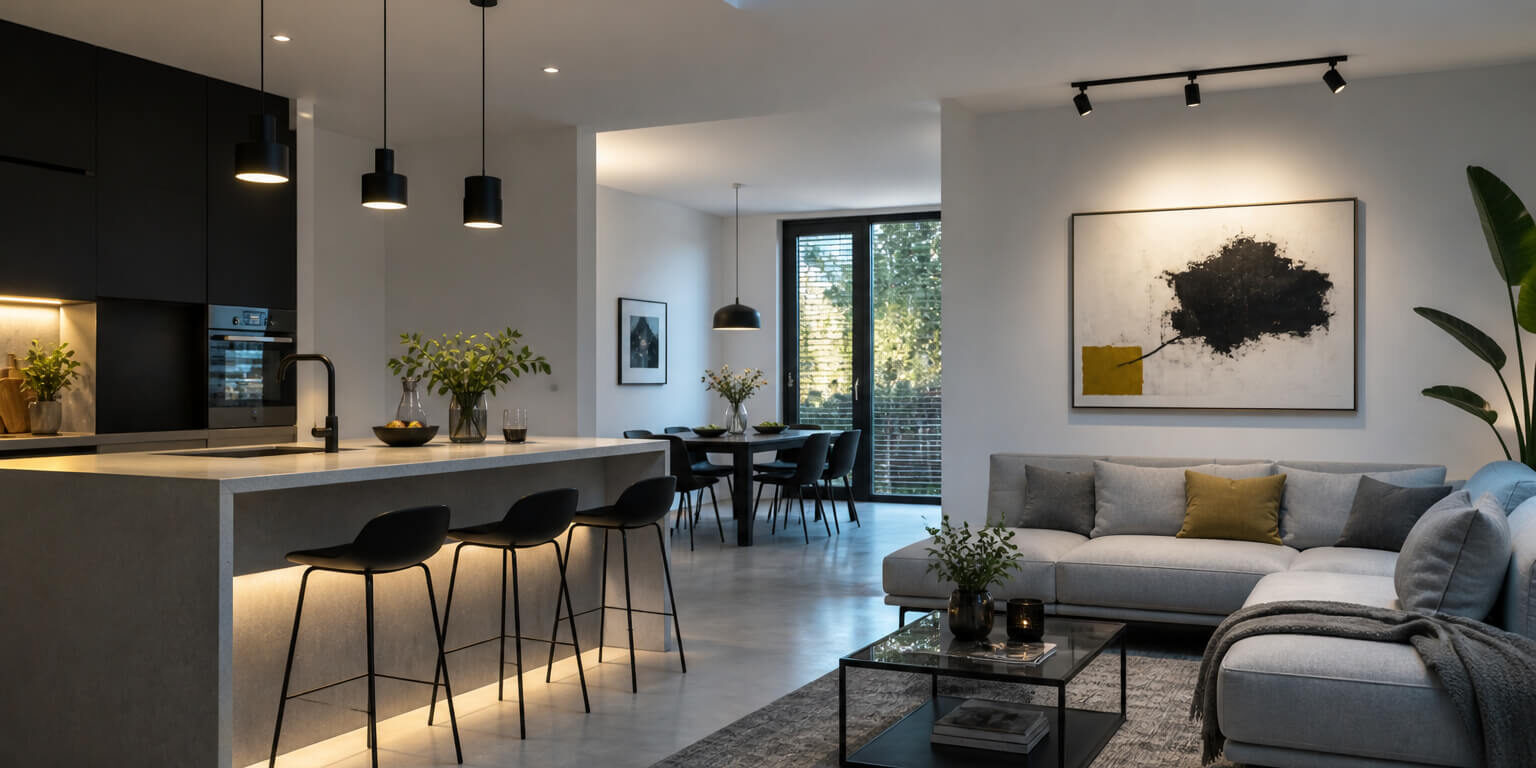 Open keuken en woonkamer met moderne basisverlichting ruimte en functionele verlichting boven het kookeiland