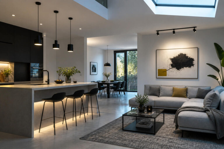 Open keuken en woonkamer met moderne basisverlichting ruimte en functionele verlichting boven het kookeiland