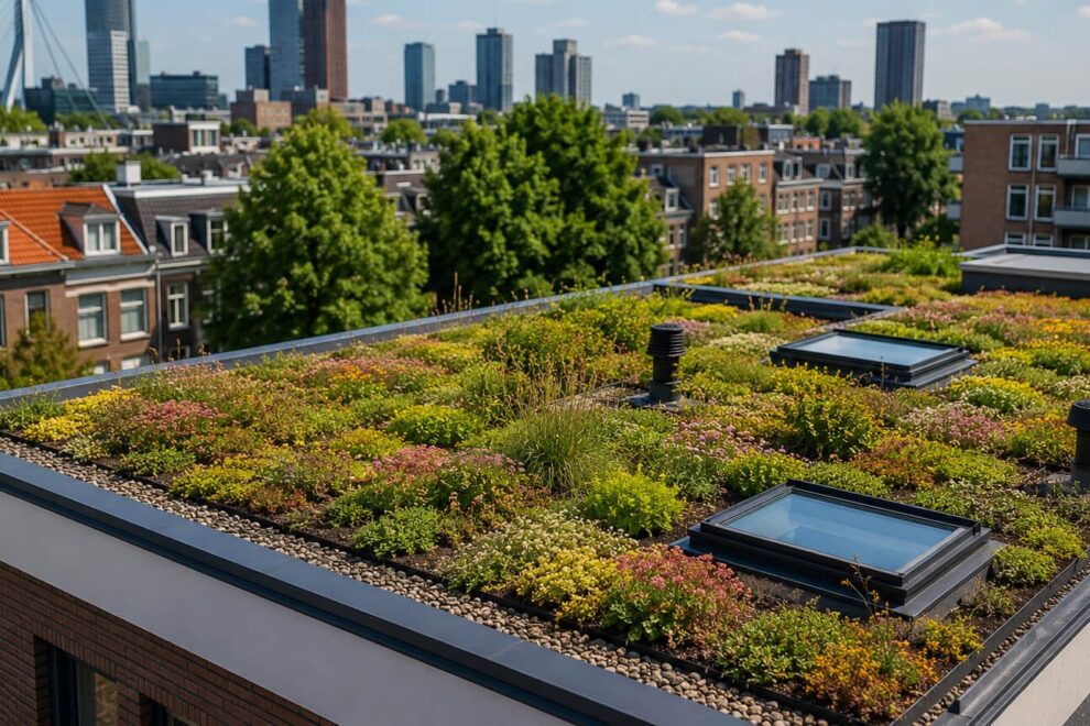 Groene daken op stedelijke gebouwen helpen hitte verminderen tijdens warme zomerdagen.