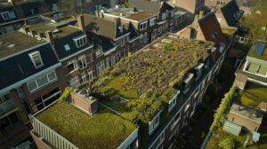 Groene daken tussen woningen dragen bij aan koelere en aangenamere woonomgevingen.