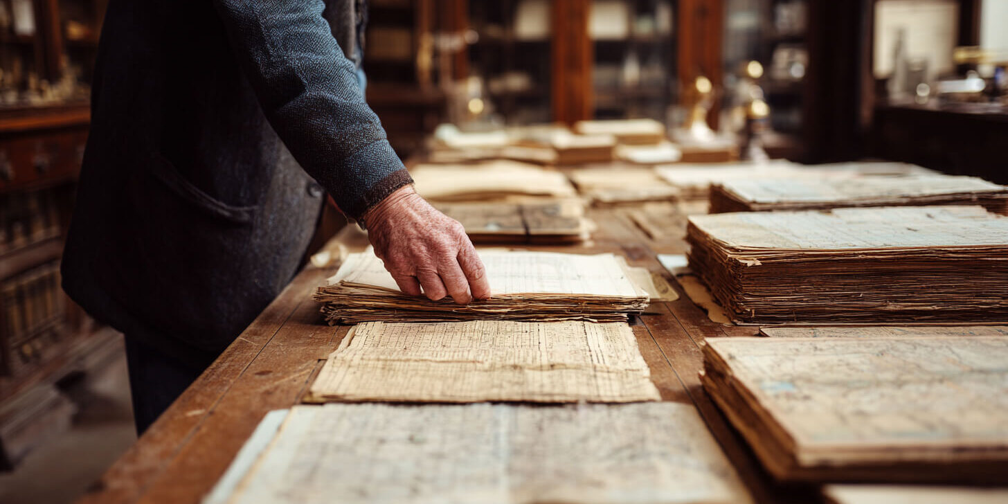 Bekijken oude adressen Historisch onderzoek naar adresregistratie met oude kaarten en archiefdocumenten op tafel.