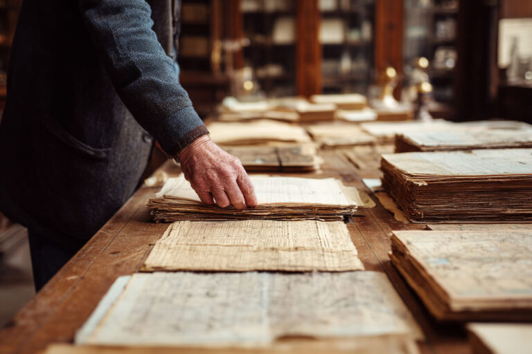 Bekijken oude adressen Historisch onderzoek naar adresregistratie met oude kaarten en archiefdocumenten op tafel.