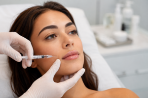 Cosmetische fillerbehandeling waarbij een specialist hyaluronzuur filler injecteert in het gezicht van een vrouw in een moderne kliniek