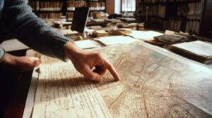 Onderzoeker bestudeert historische registers over adresregistratie in een archief.