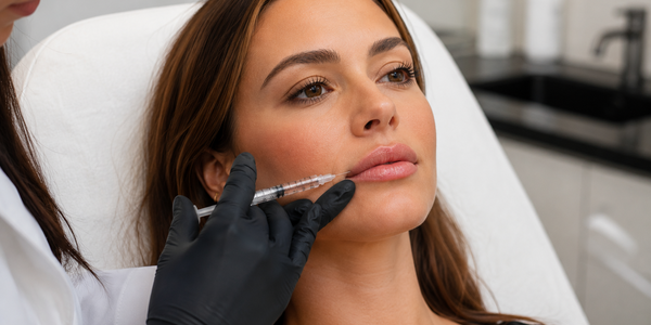 Realistische lipfillerbehandeling in moderne cosmetische kliniek waarbij een specialist filler injecteert voor subtiele lipvergroting