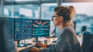 Financieel medewerker analyseert marktdata en volgt internationale geldstromen via meerdere schermen.