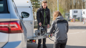 Instructeur legt tijdens een BE-rijbewijsopleiding uit hoe je een aanhanger aankoppelt.