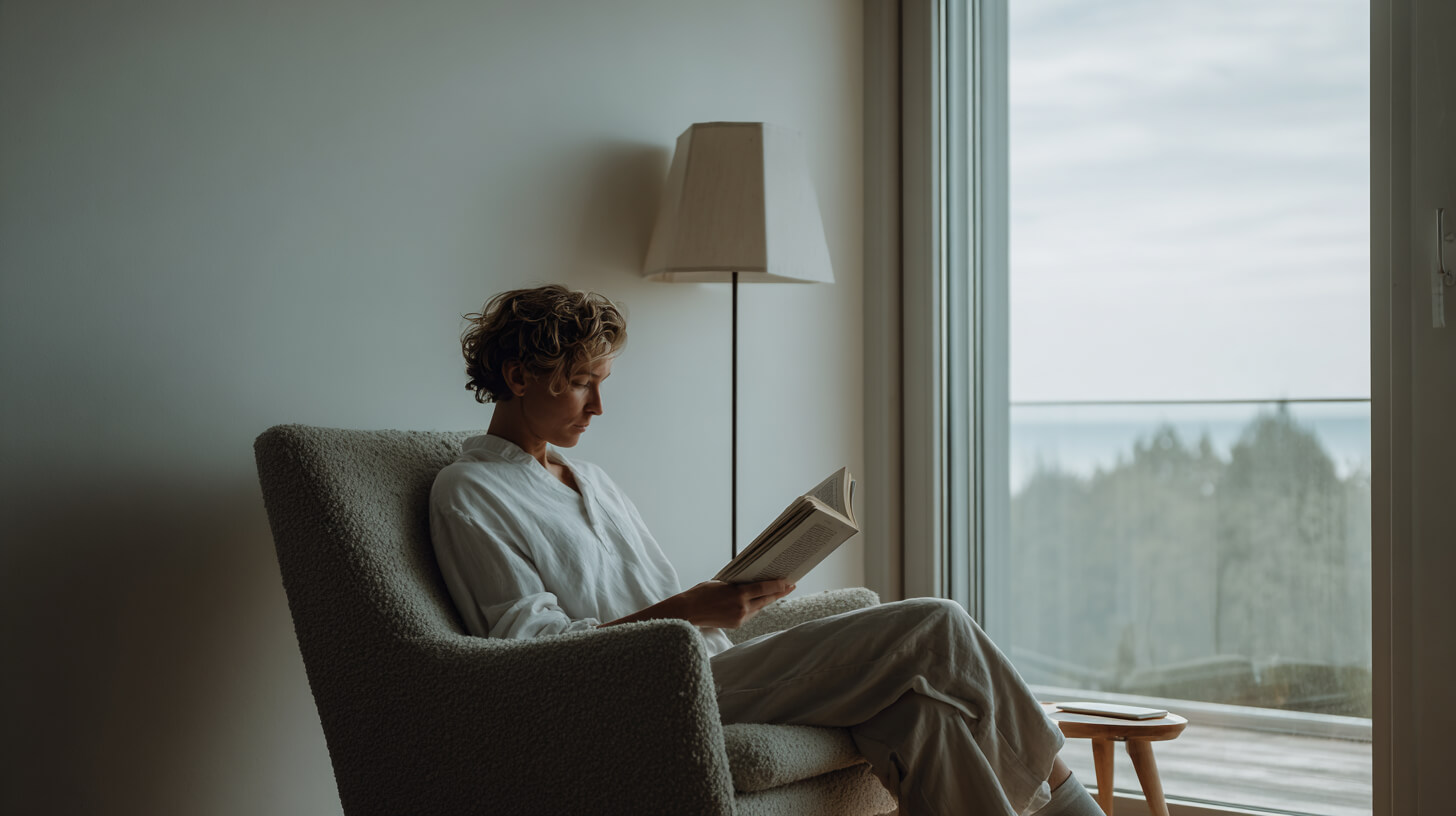 Vrouw leest ontspannen een boek in een leunstoel bij het raam tijdens een rustige avondroutine