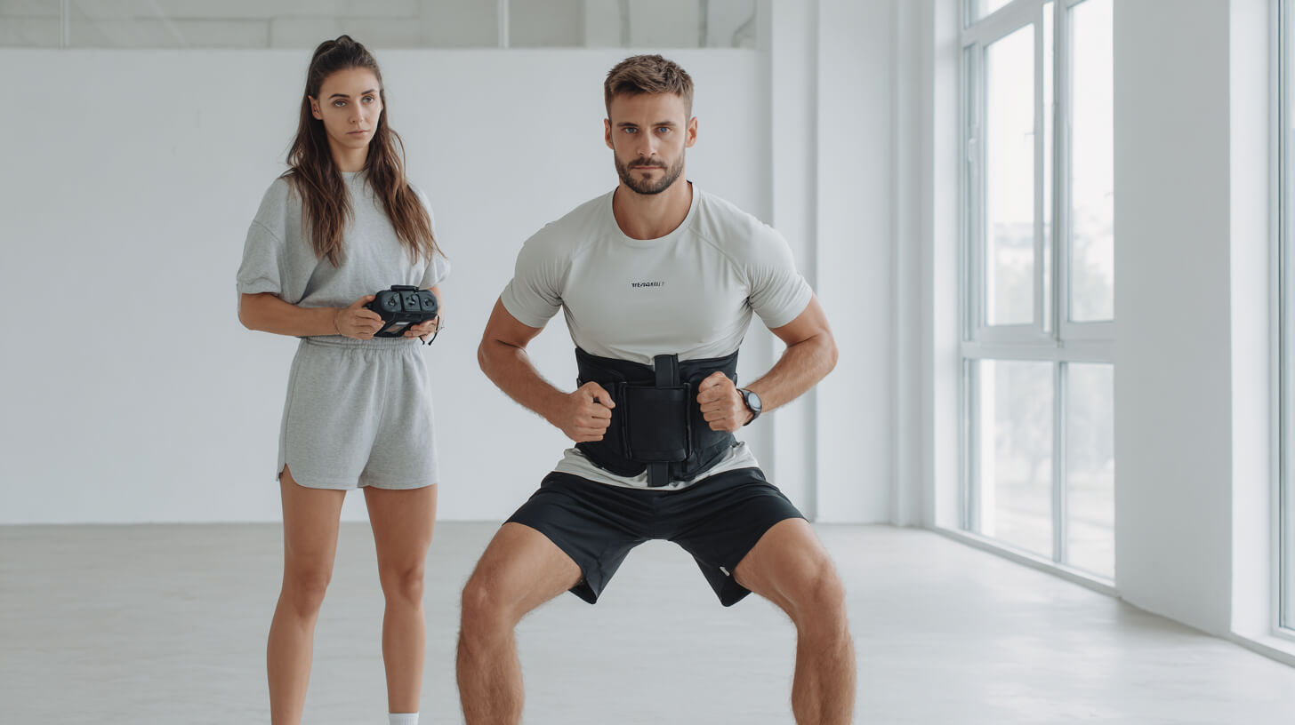 Trainer met bedieningsapparaat begeleidt man tijdens squat-oefening met EMS-band om zijn middel