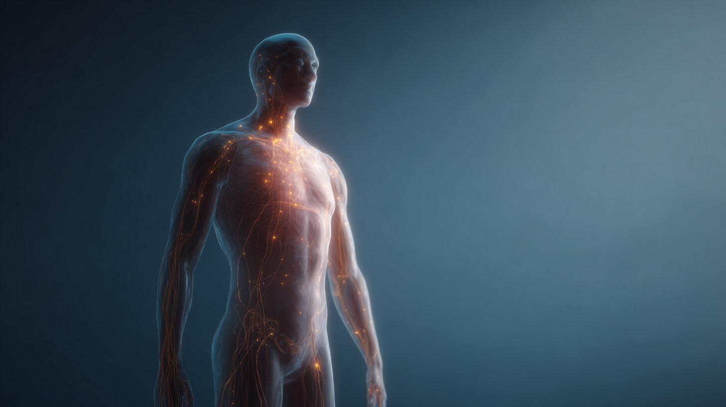 Digitale illustratie van het menselijk lichaam met opgelichte hormoonklieren en zenuwbanen die het hormonale systeem verbeelden