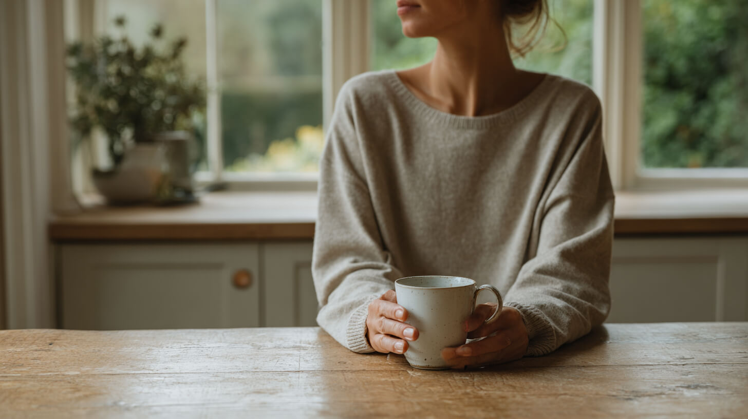 Vrouw met beker thee leunt tegen een houten keukentafel en kijkt rustig uit het raam op een lichte ochtend