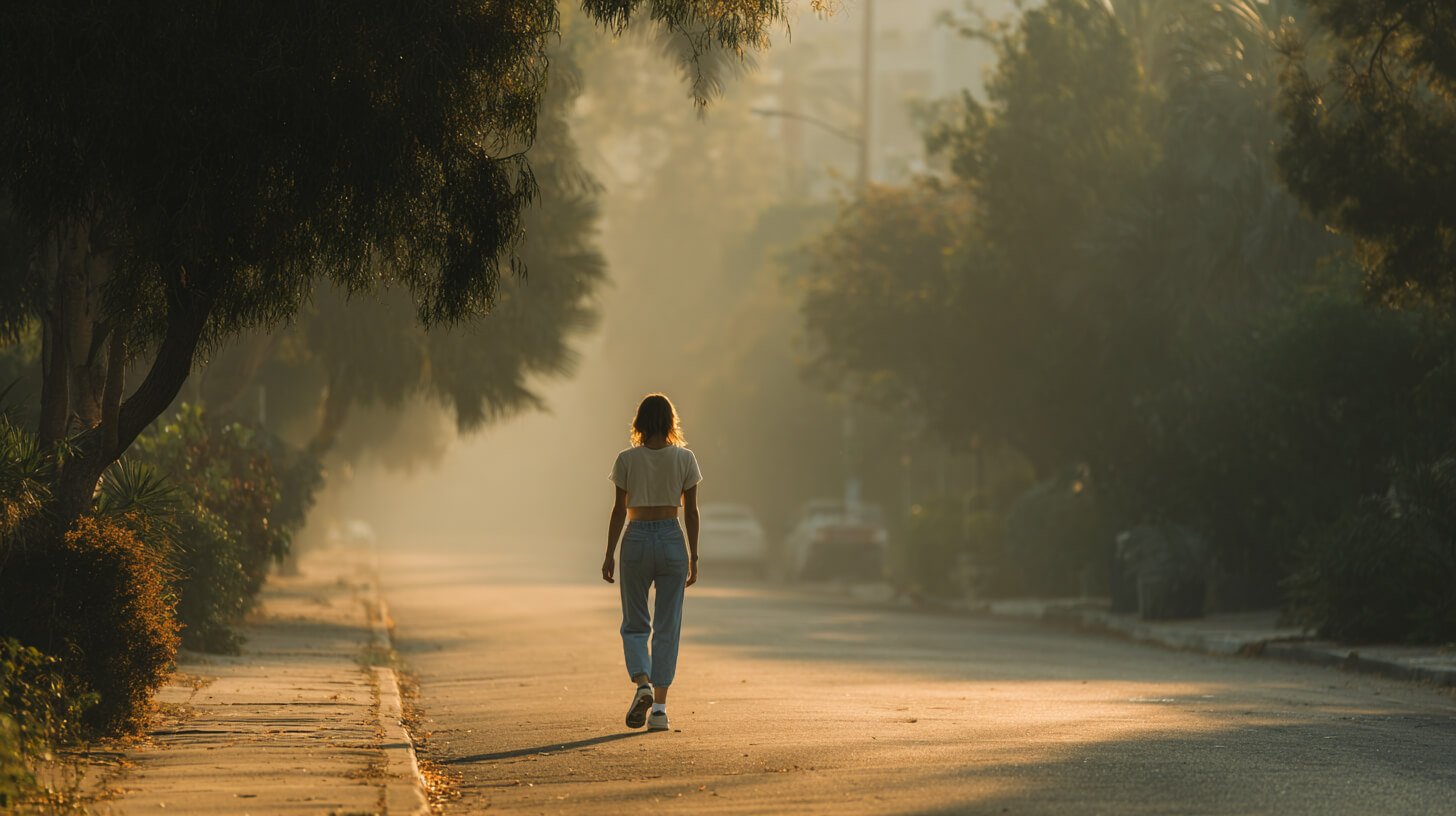 Vrouw maakt een ochtendwandeling over een rustige, met bomen omzoomde straat in het zachte ochtendlicht