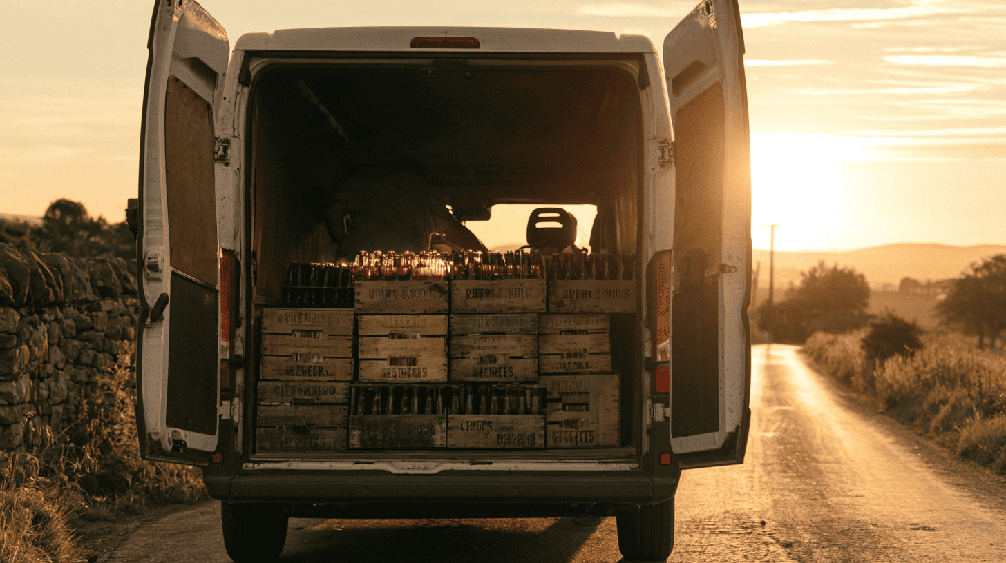 Bezorgbusje met kratten dranken op een landweg in de grensregio