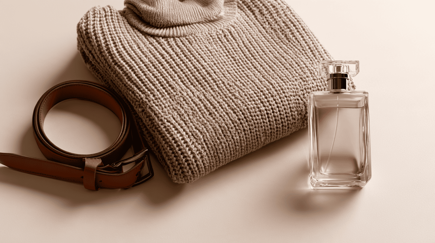 Flatlay van kleding en een parfumflacon die samen een stijl bepalen