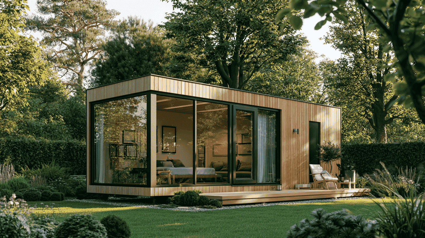 prefab woonunit geplaatst als losstaande unit in de tuin