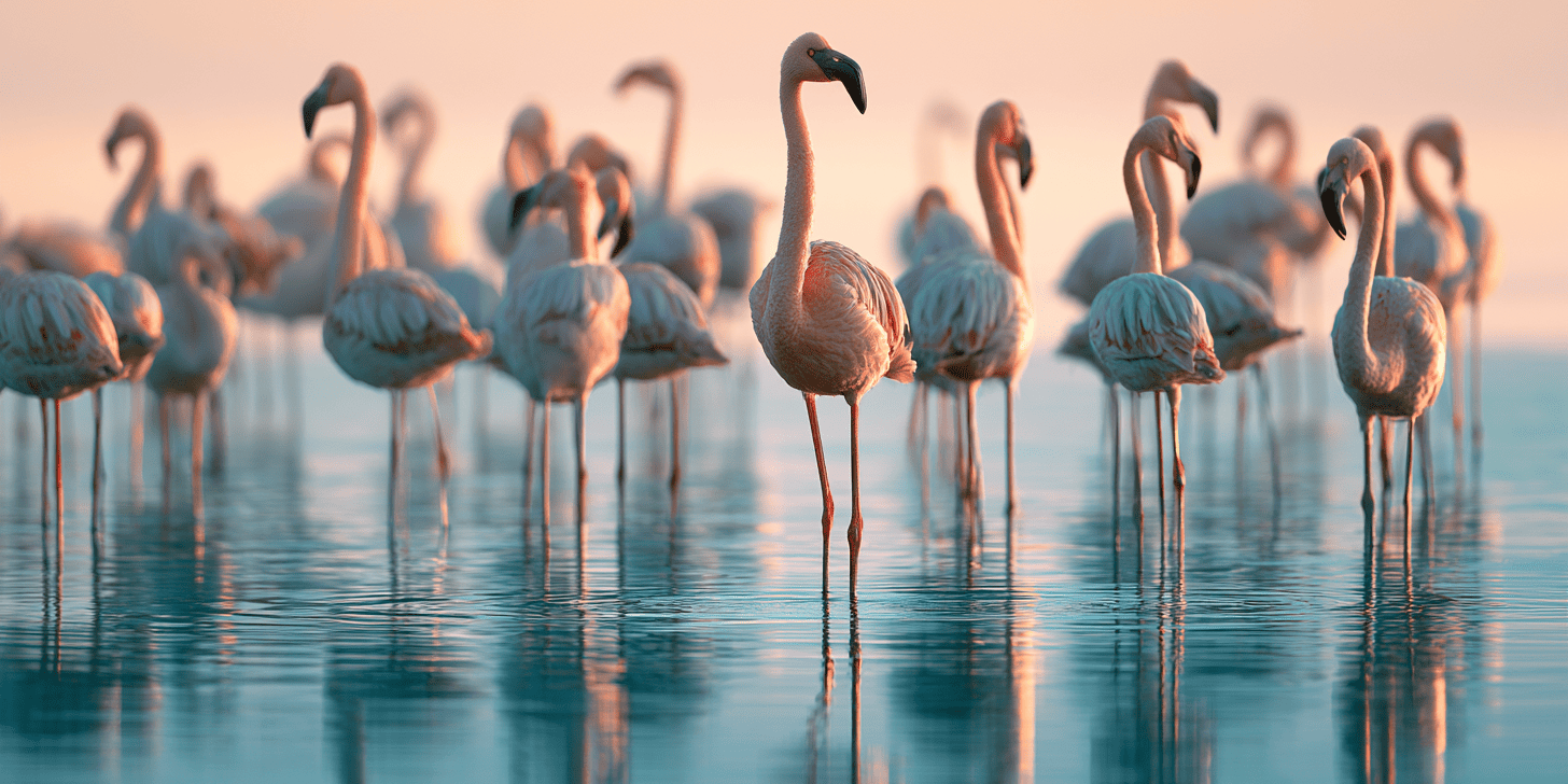 Roze flamingo's staan in ondiep water bij zonsopgang