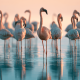 Roze flamingo's staan in ondiep water bij zonsopgang