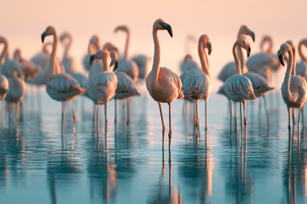 Roze flamingo's staan in ondiep water bij zonsopgang