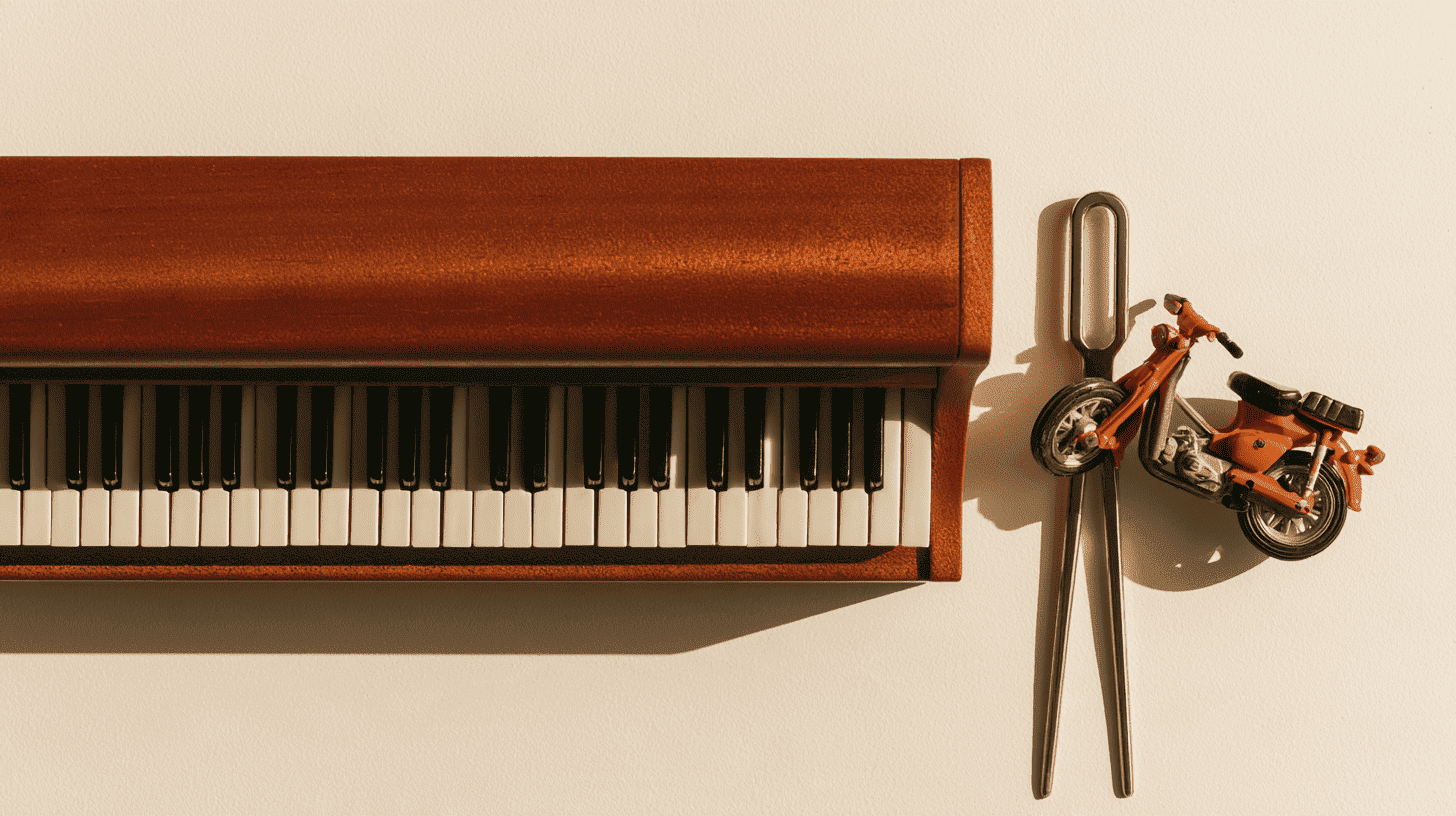 Stemvork en pianotoetsen naast een kleine motor als symbool voor muziek en motoren